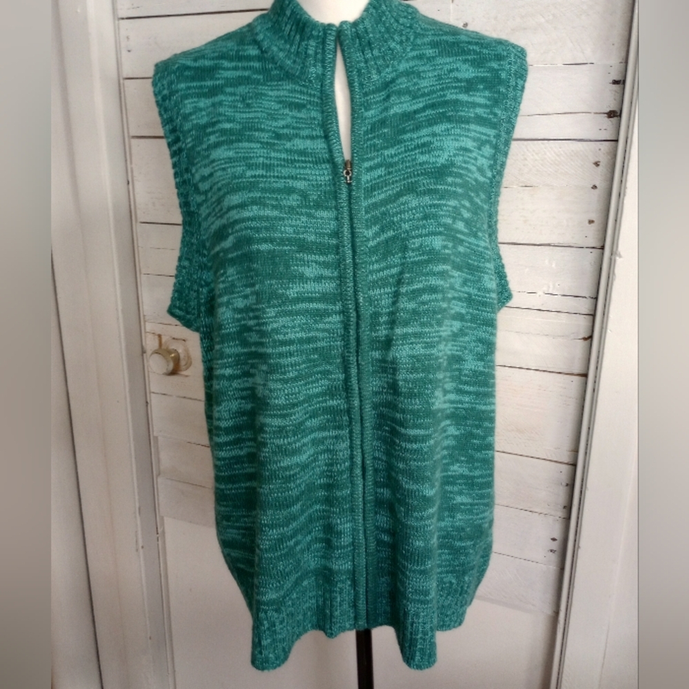 Blair Women’s Zip Front Sleeveless Sweater Vest Size Large Teal Green Knit Layer